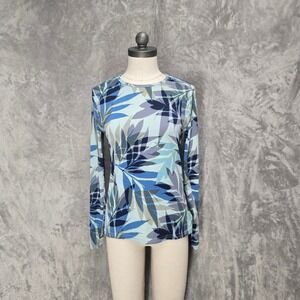 Hang Ten Womens Rash Guard UPF 50+ Blue Tropical Palm Leaf Long Sleeve Shirt S